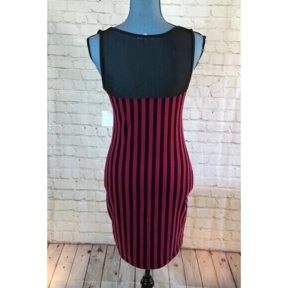 NWT Charlotte Russe Dress Red & Black Vertical Stripe Bodycon Mesh Yoke Large - Picture 2 of 8